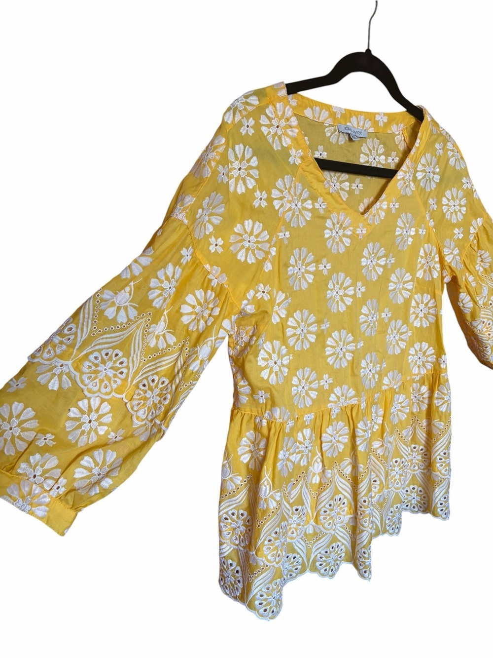 John Mark Yellow Boho V-Neck Embroidered Peasant Tunic NWOT